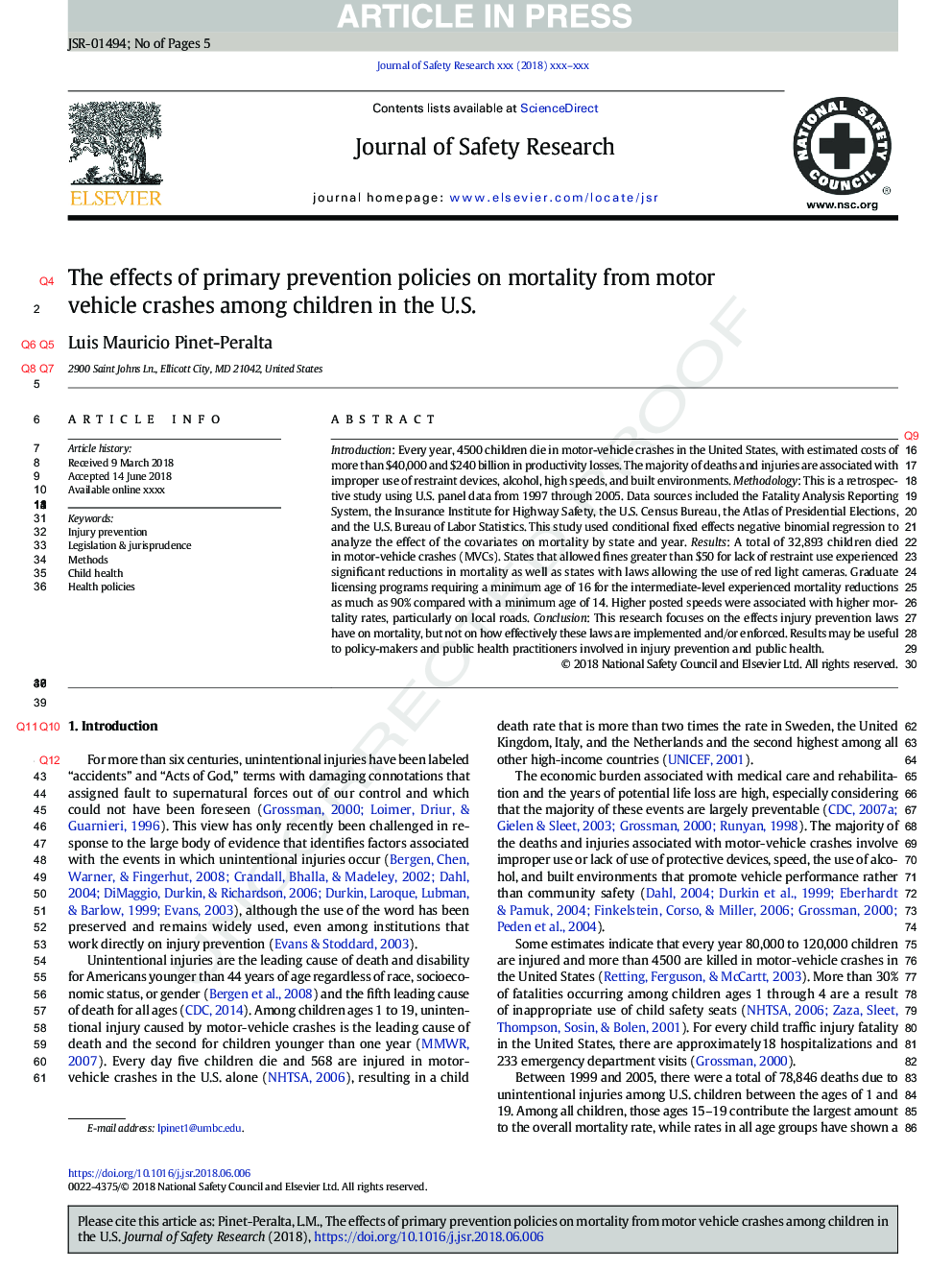 اثرات سیاست های پیشگیری اولیه در مورد مرگ و میر ناشی از سقوط وسایل نقلیه موتوری در میان کودکان در ایالات متحده 