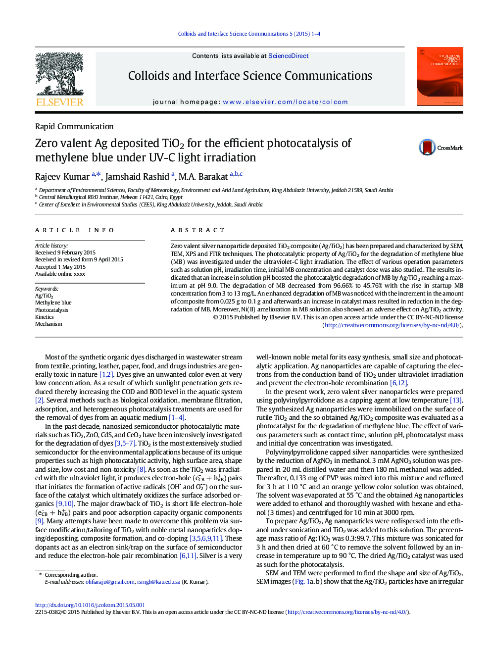 Zero valent Ag deposited TiO2 for the efficient photocatalysis of methylene blue under UV-C light irradiation