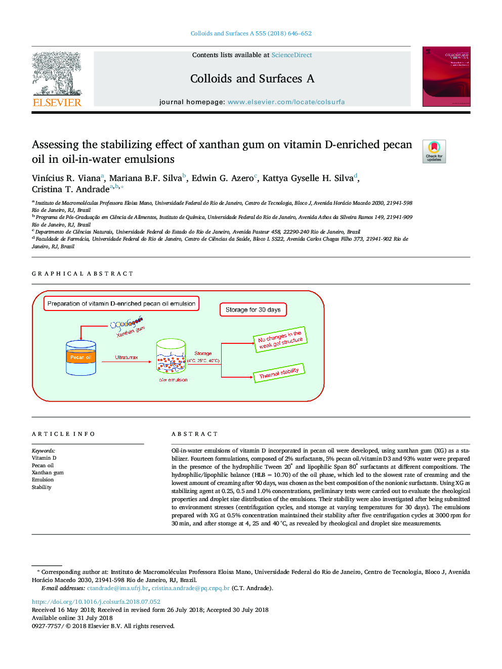 Assessing the stabilizing effect of xanthan gum on vitamin D-enriched pecan oil in oil-in-water emulsions