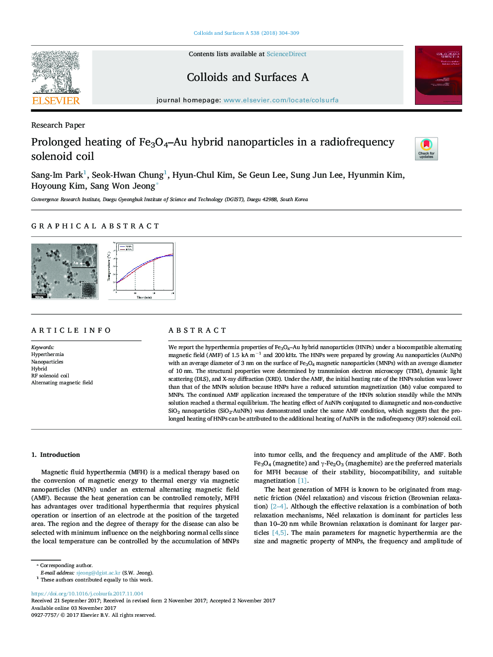 Prolonged heating of Fe3O4-Au hybrid nanoparticles in a radiofrequency solenoid coil