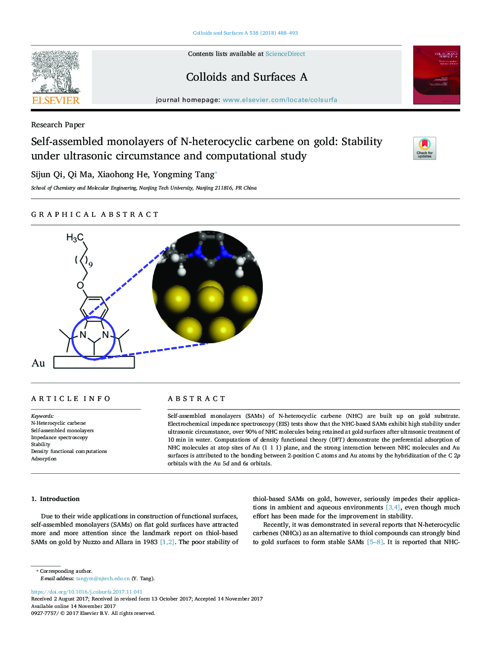 Self-assembled monolayers of N-heterocyclic carbene on gold: Stability under ultrasonic circumstance and computational study