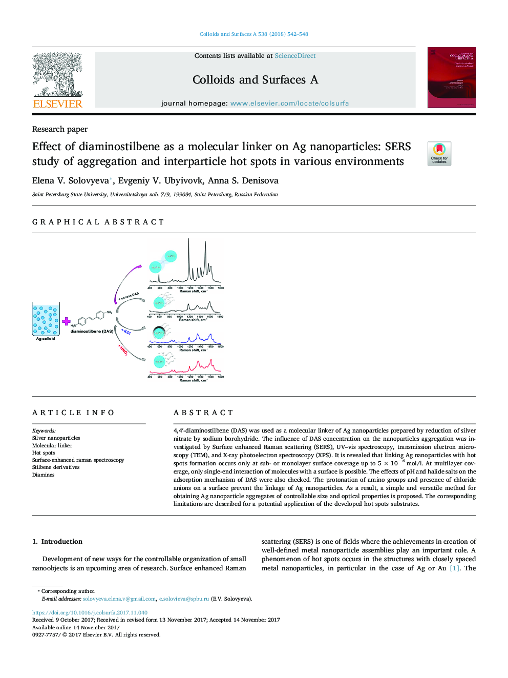 Effect of diaminostilbene as a molecular linker on Ag nanoparticles: SERS study of aggregation and interparticle hot spots in various environments