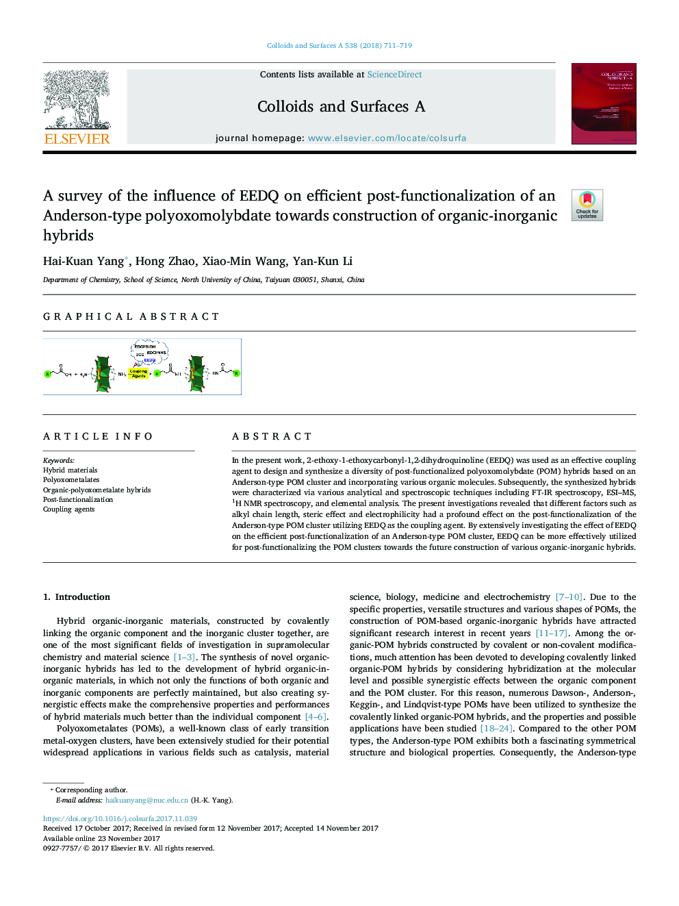 A survey of the influence of EEDQ on efficient post-functionalization of an Anderson-type polyoxomolybdate towards construction of organic-inorganic hybrids