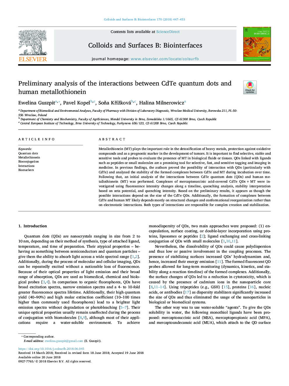 Preliminary analysis of the interactions between CdTe quantum dots and human metallothionein