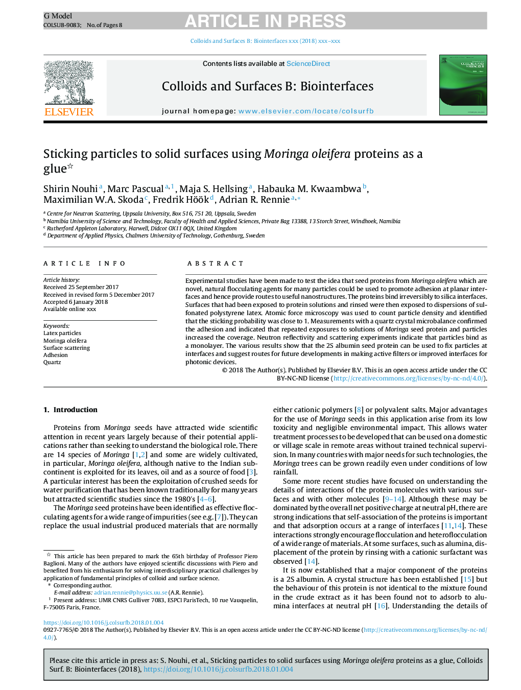 Sticking particles to solid surfaces using Moringa oleifera proteins as a glue