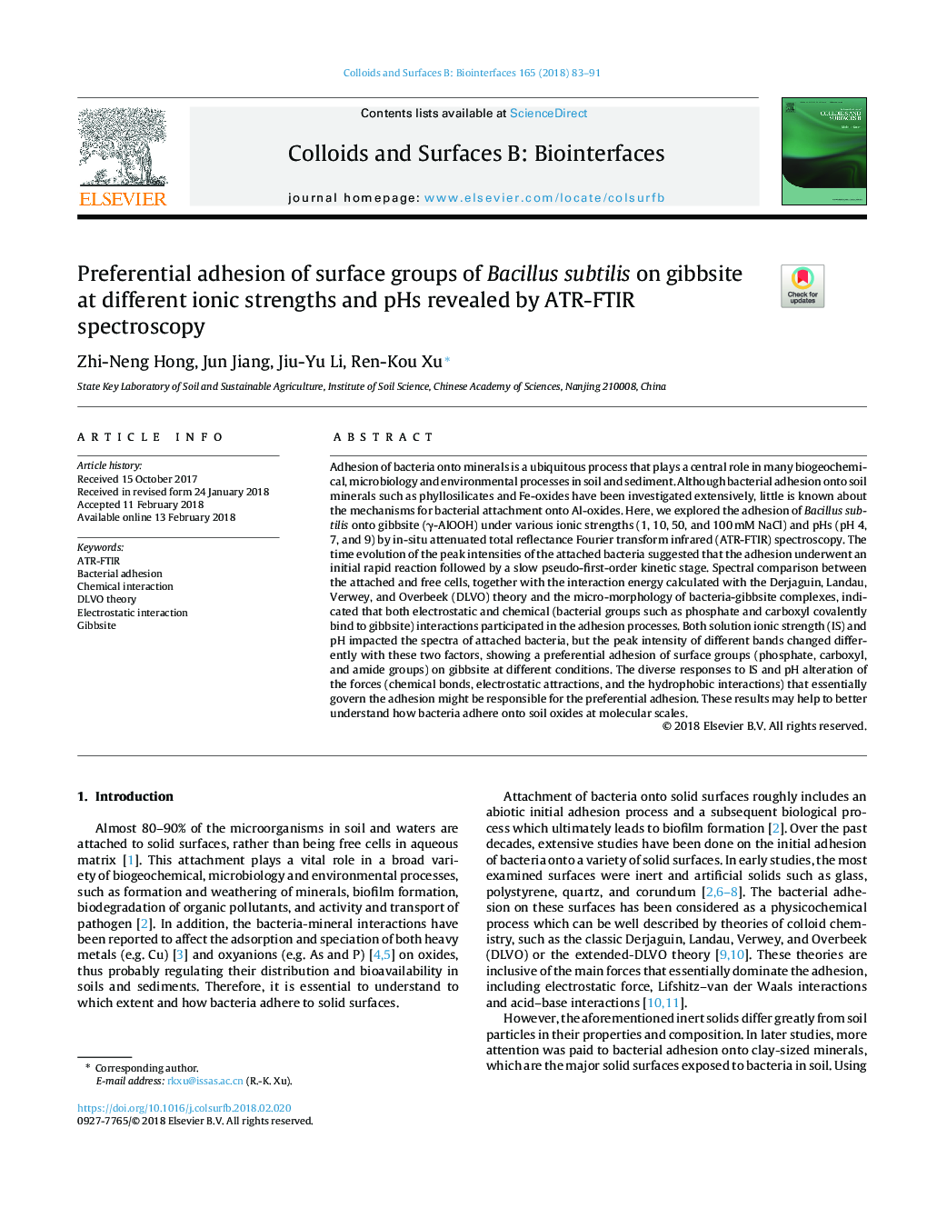 Preferential adhesion of surface groups of Bacillus subtilis on gibbsite at different ionic strengths and pHs revealed by ATR-FTIR spectroscopy