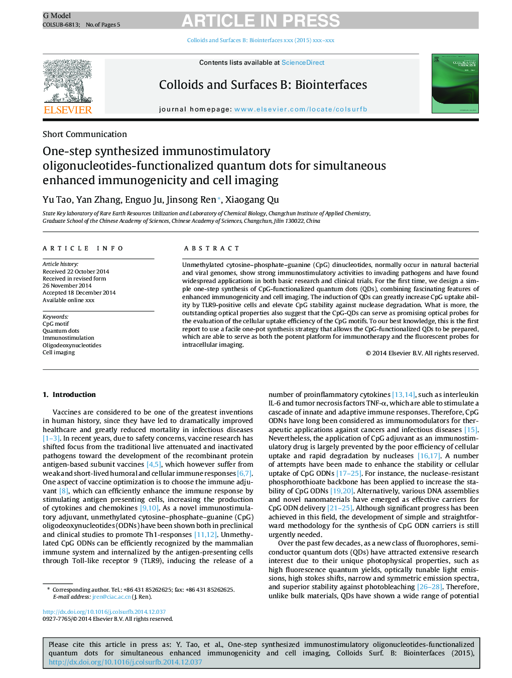 One-step synthesized immunostimulatory oligonucleotides-functionalized quantum dots for simultaneous enhanced immunogenicity and cell imaging