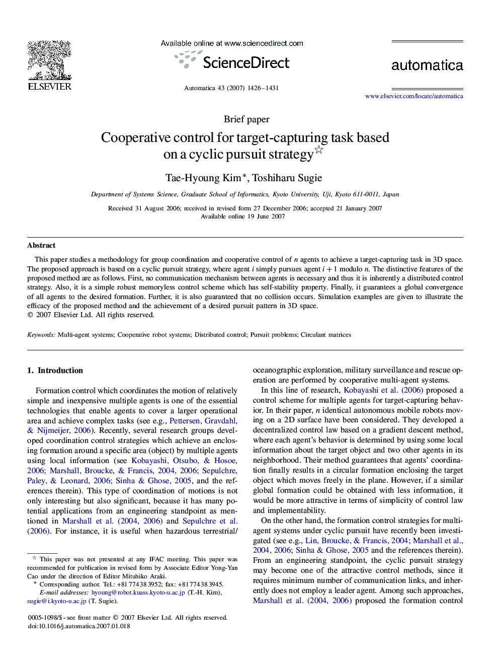 Cooperative control for target-capturing task based on a cyclic pursuit strategy 