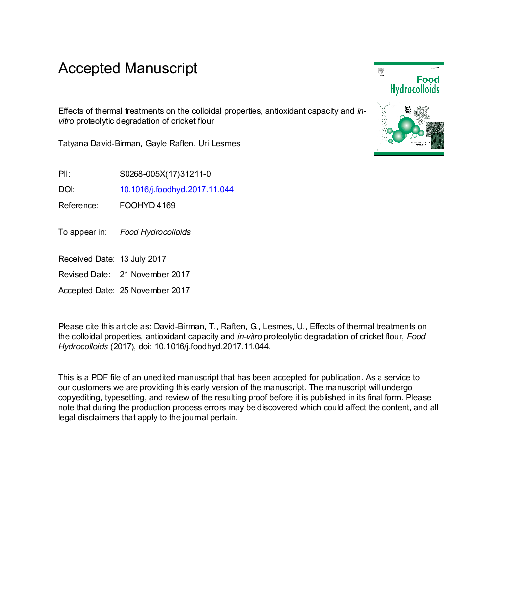 Effects of thermal treatments on the colloidal properties, antioxidant capacity and in-vitro proteolytic degradation of cricket flour