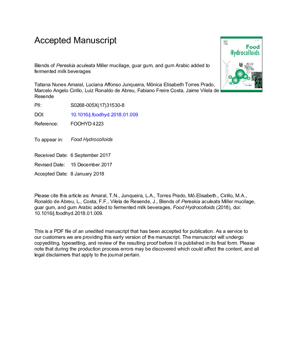 Blends of Pereskia aculeata Miller mucilage, guar gum, and gum Arabic added to fermented milk beverages