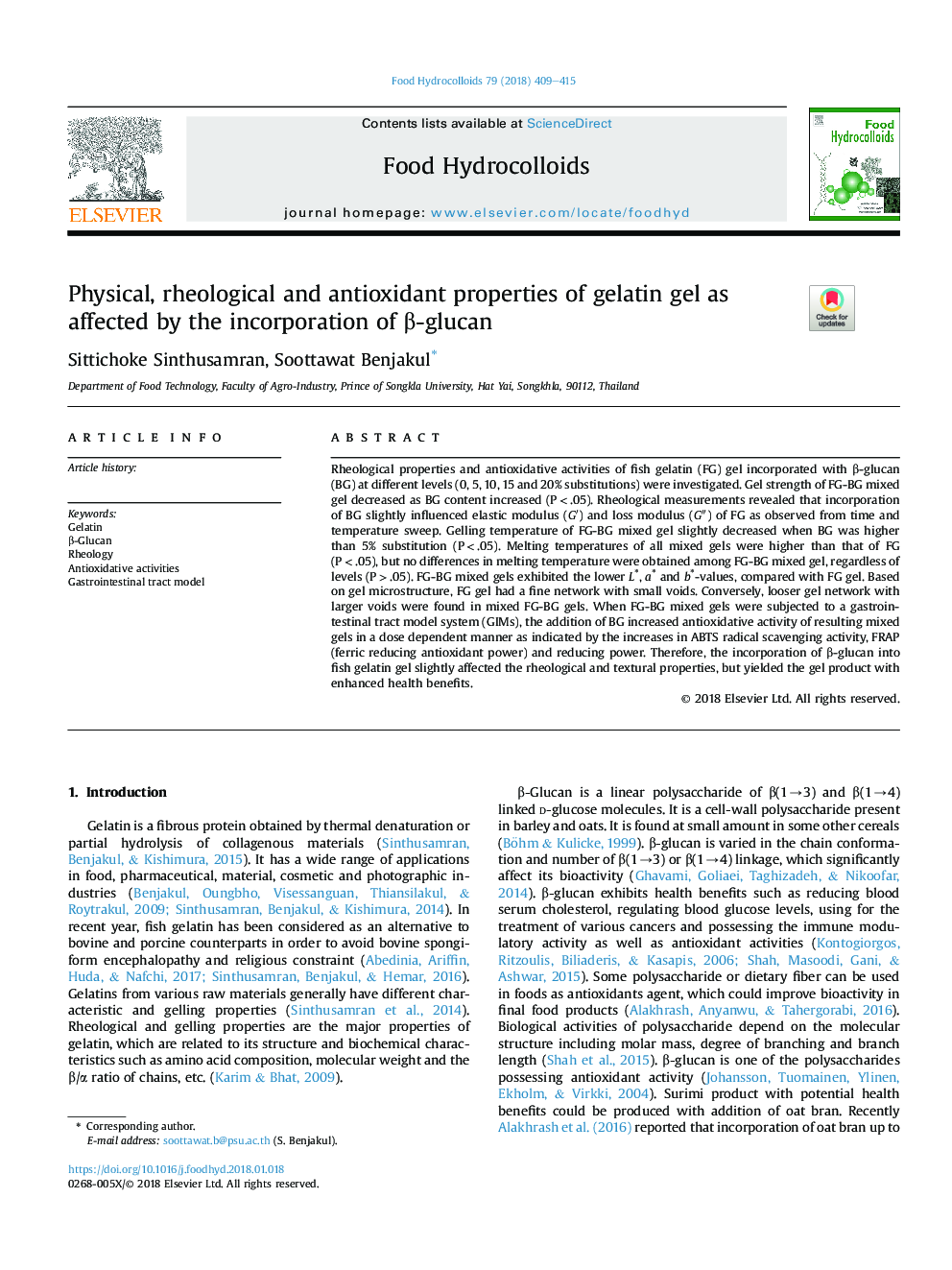 Physical, rheological and antioxidant properties of gelatin gel as affected by the incorporation of Î²-glucan