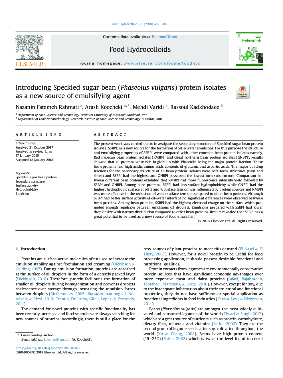 Introducing Speckled sugar bean (Phaseolus vulgaris) protein isolates as a new source of emulsifying agent