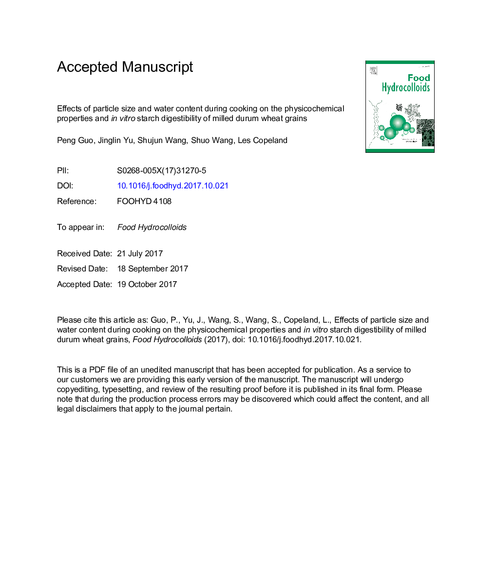 Effects of particle size and water content during cooking on the physicochemical properties and inÂ vitro starch digestibility of milled durum wheat grains