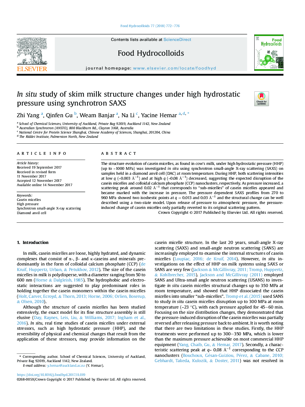 In situ study of skim milk structure changes under high hydrostatic pressure using synchrotron SAXS