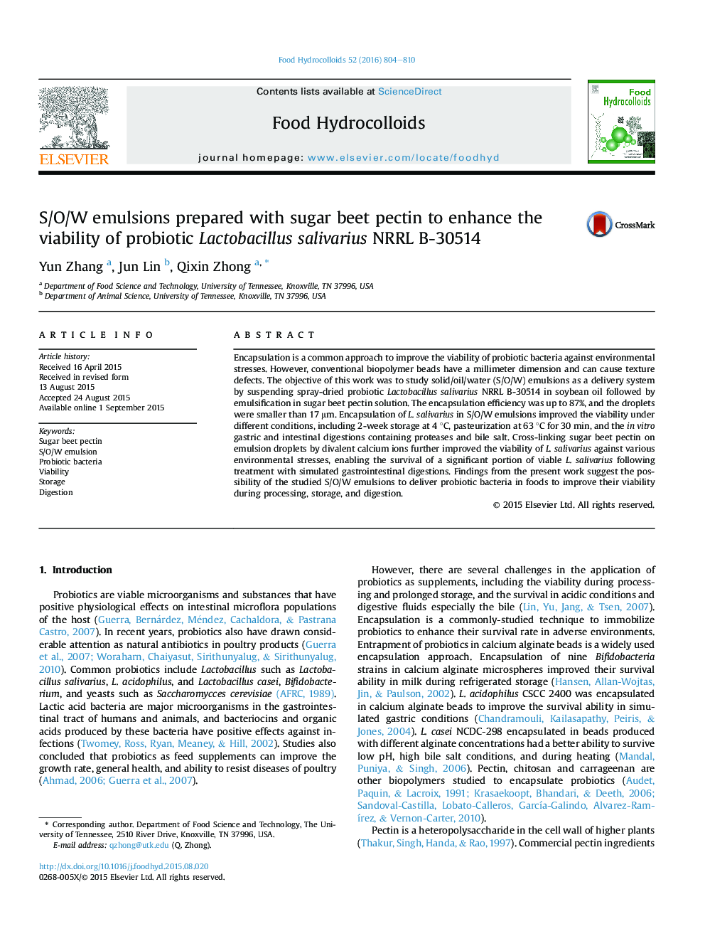 S/O/W emulsions prepared with sugar beet pectin to enhance the viability of probiotic Lactobacillus salivarius NRRL B-30514