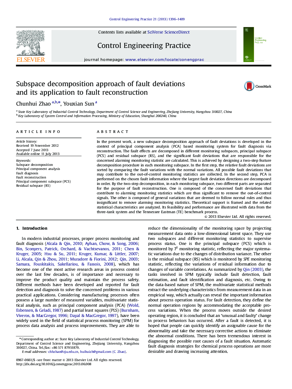 Subspace decomposition approach of fault deviations and its application to fault reconstruction