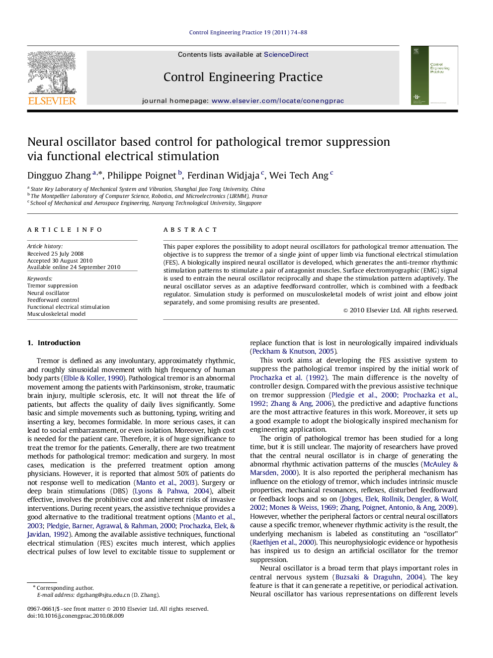 Neural oscillator based control for pathological tremor suppression via functional electrical stimulation