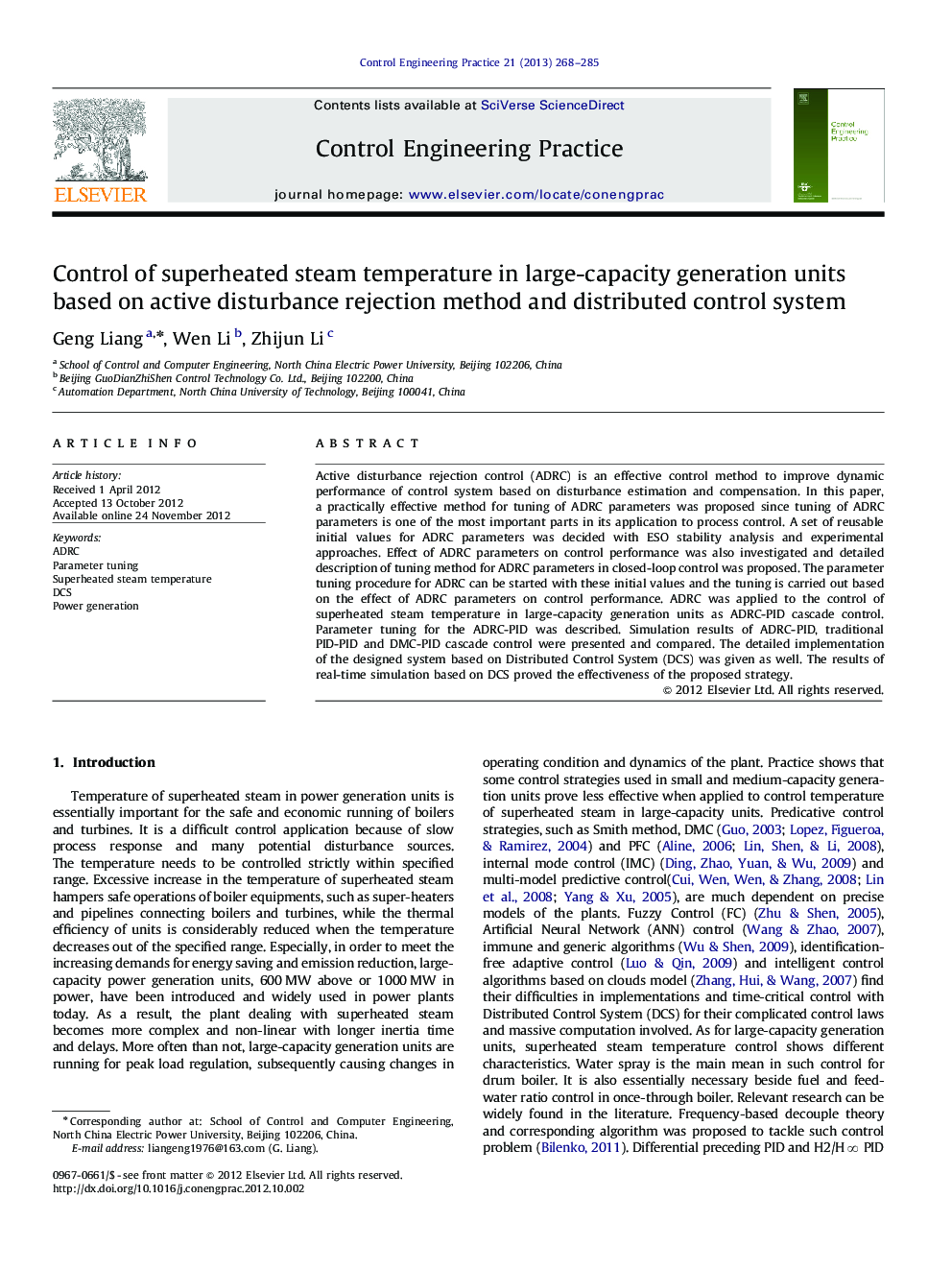 Control of superheated steam temperature in large-capacity generation units based on active disturbance rejection method and distributed control system