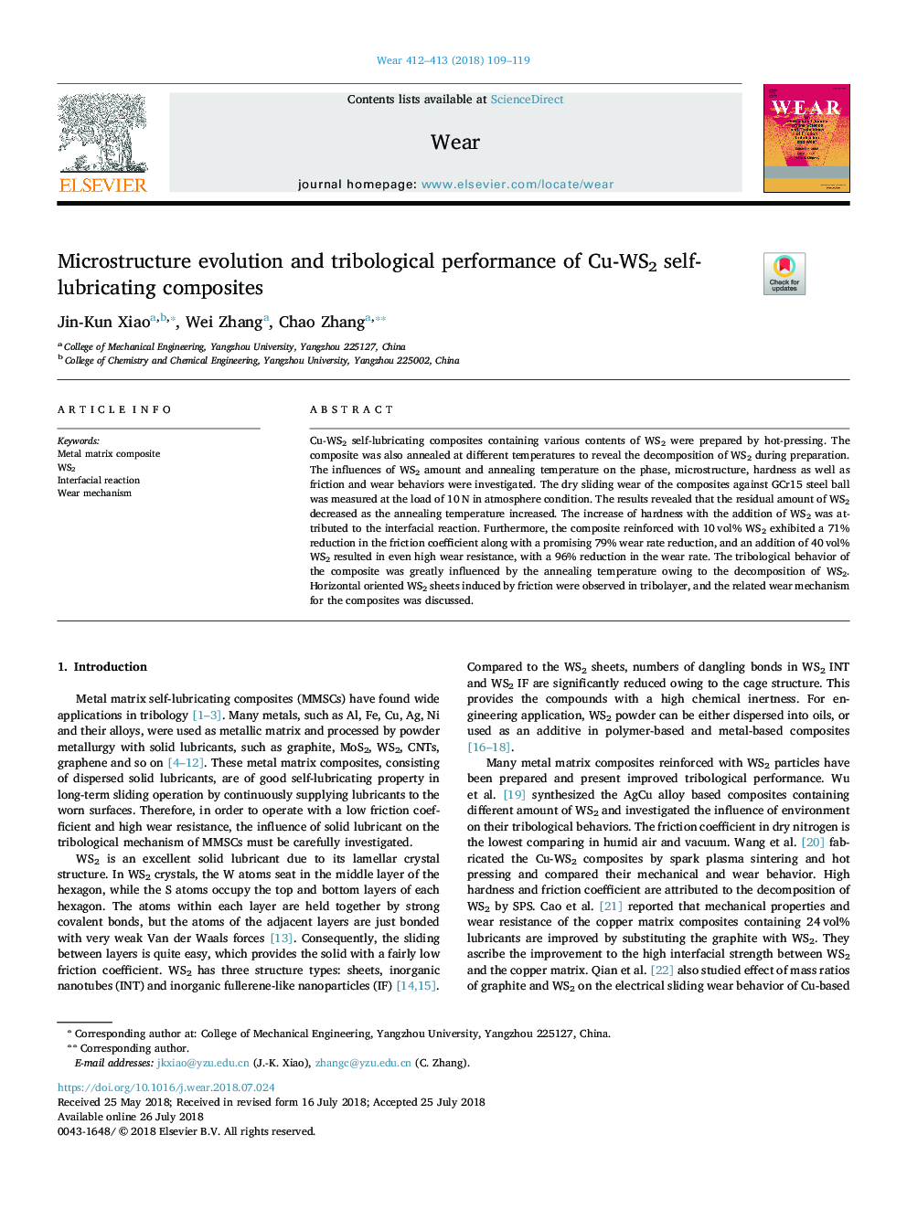 Microstructure evolution and tribological performance of Cu-WS2 self-lubricating composites