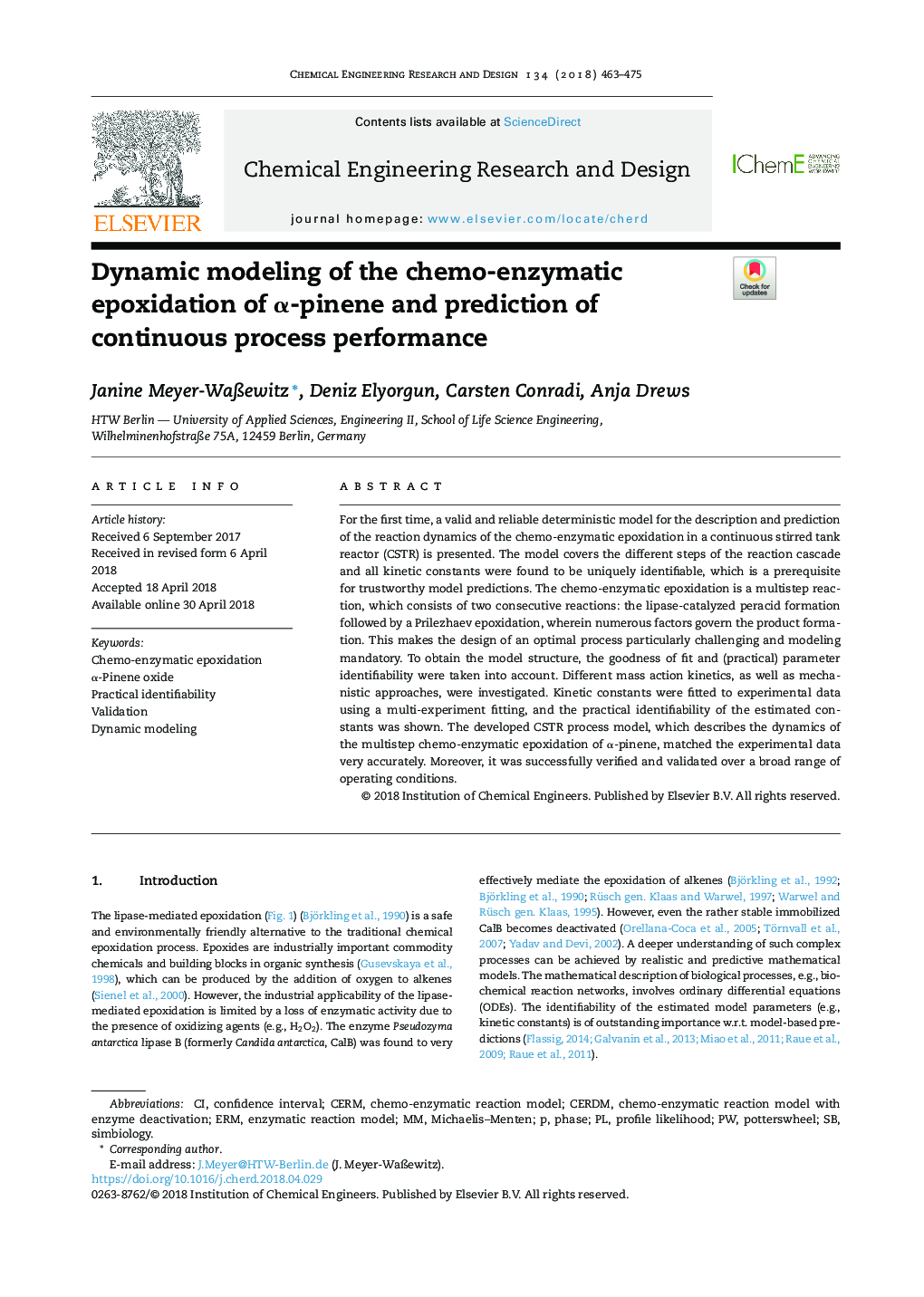 Dynamic modeling of the chemo-enzymatic epoxidation of Î±-pinene and prediction of continuous process performance