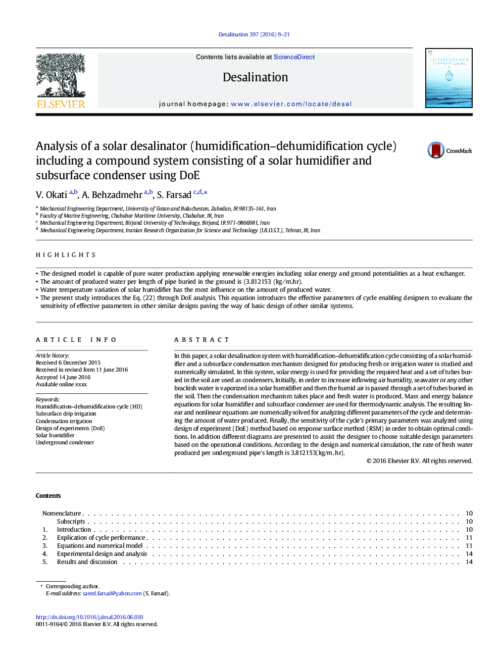 Analysis of a solar desalinator (humidification-dehumidification cycle) including a compound system consisting of a solar humidifier and subsurface condenser using DoE