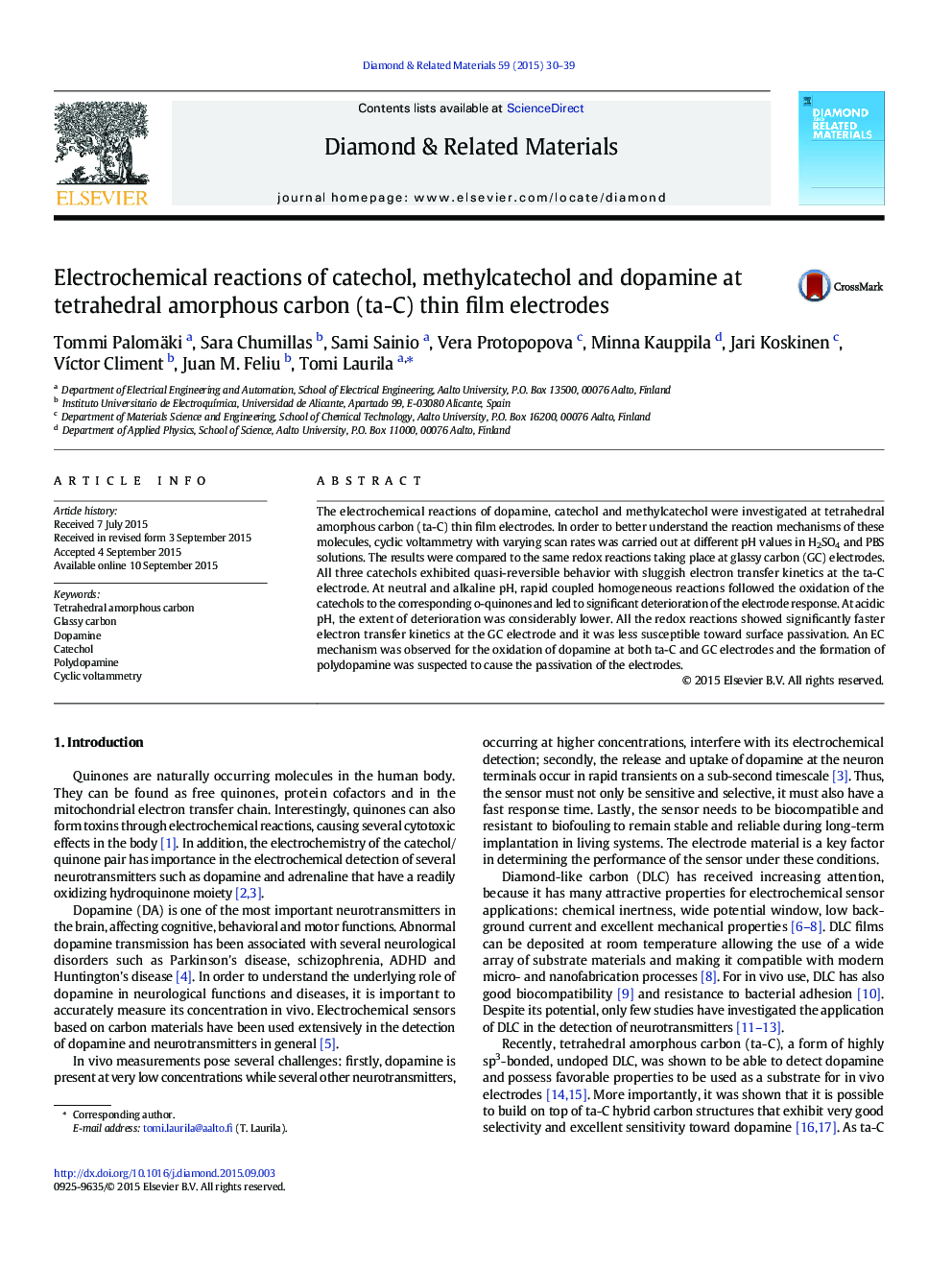 Electrochemical reactions of catechol, methylcatechol and dopamine at tetrahedral amorphous carbon (ta-C) thin film electrodes