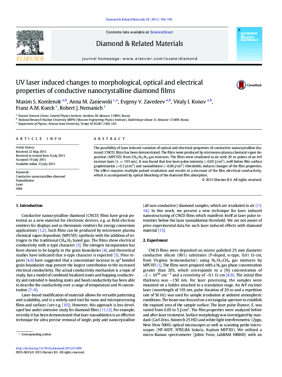 UV laser induced changes to morphological, optical and electrical properties of conductive nanocrystalline diamond films