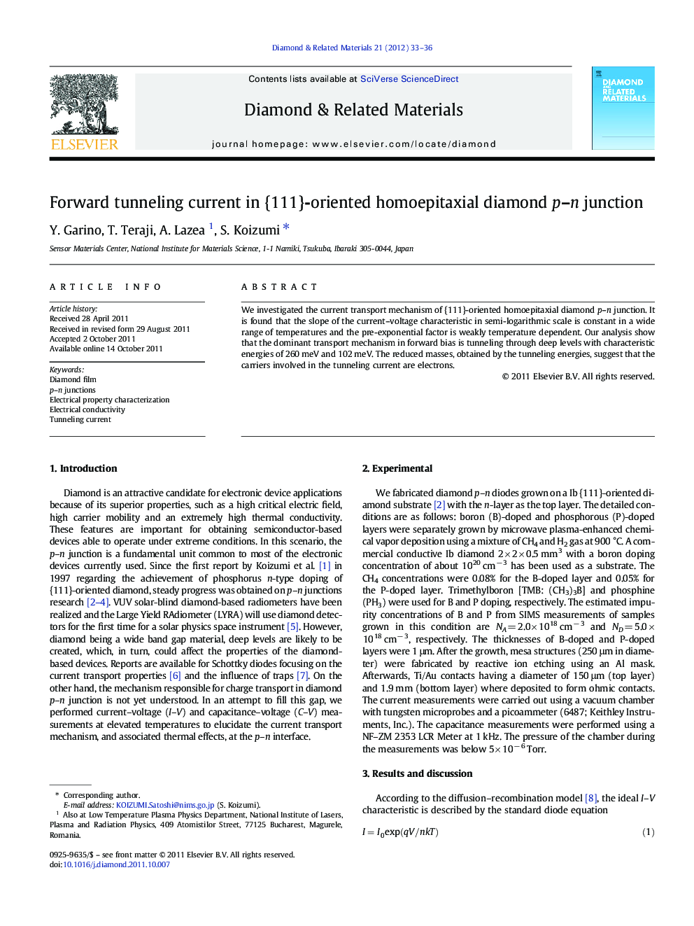 Forward tunneling current in {111}-oriented homoepitaxial diamond p–n junction