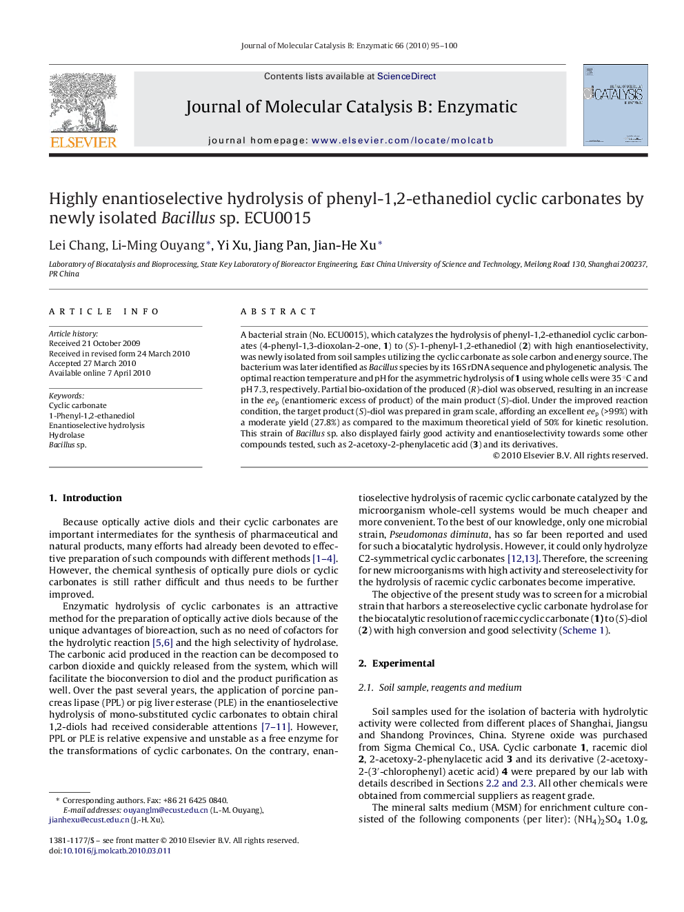 Highly enantioselective hydrolysis of phenyl-1,2-ethanediol cyclic carbonates by newly isolated Bacillus sp. ECU0015