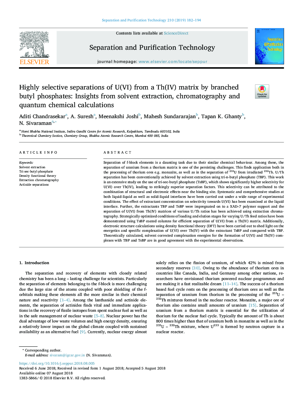 Highly selective separations of U(VI) from a Th(IV) matrix by branched butyl phosphates: Insights from solvent extraction, chromatography and quantum chemical calculations