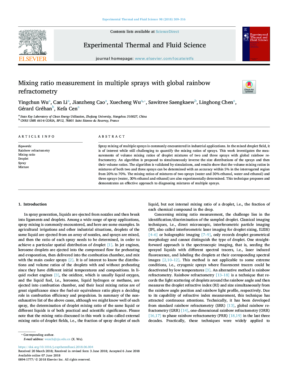 Mixing ratio measurement in multiple sprays with global rainbow refractometry