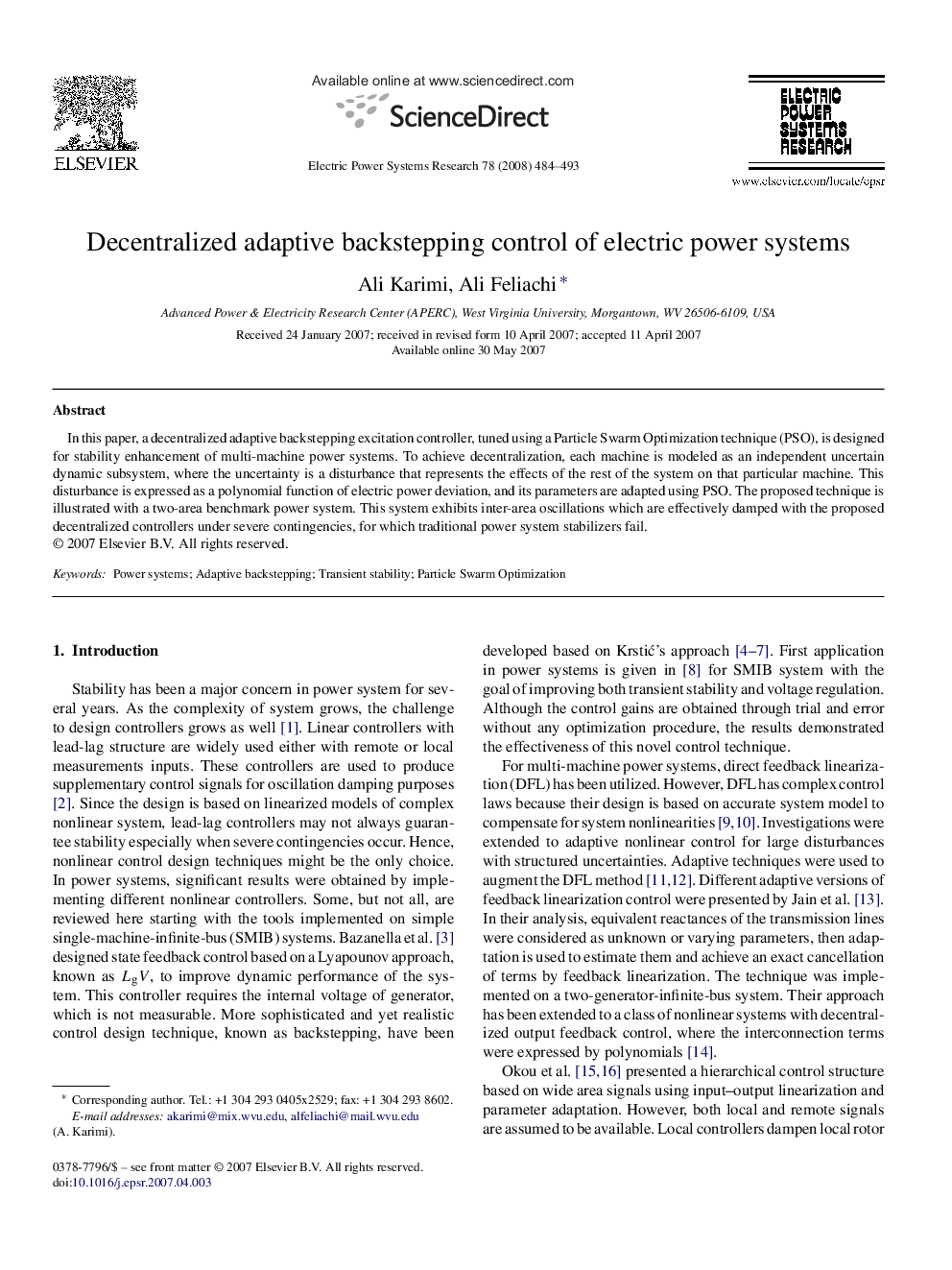 Decentralized adaptive backstepping control of electric power systems
