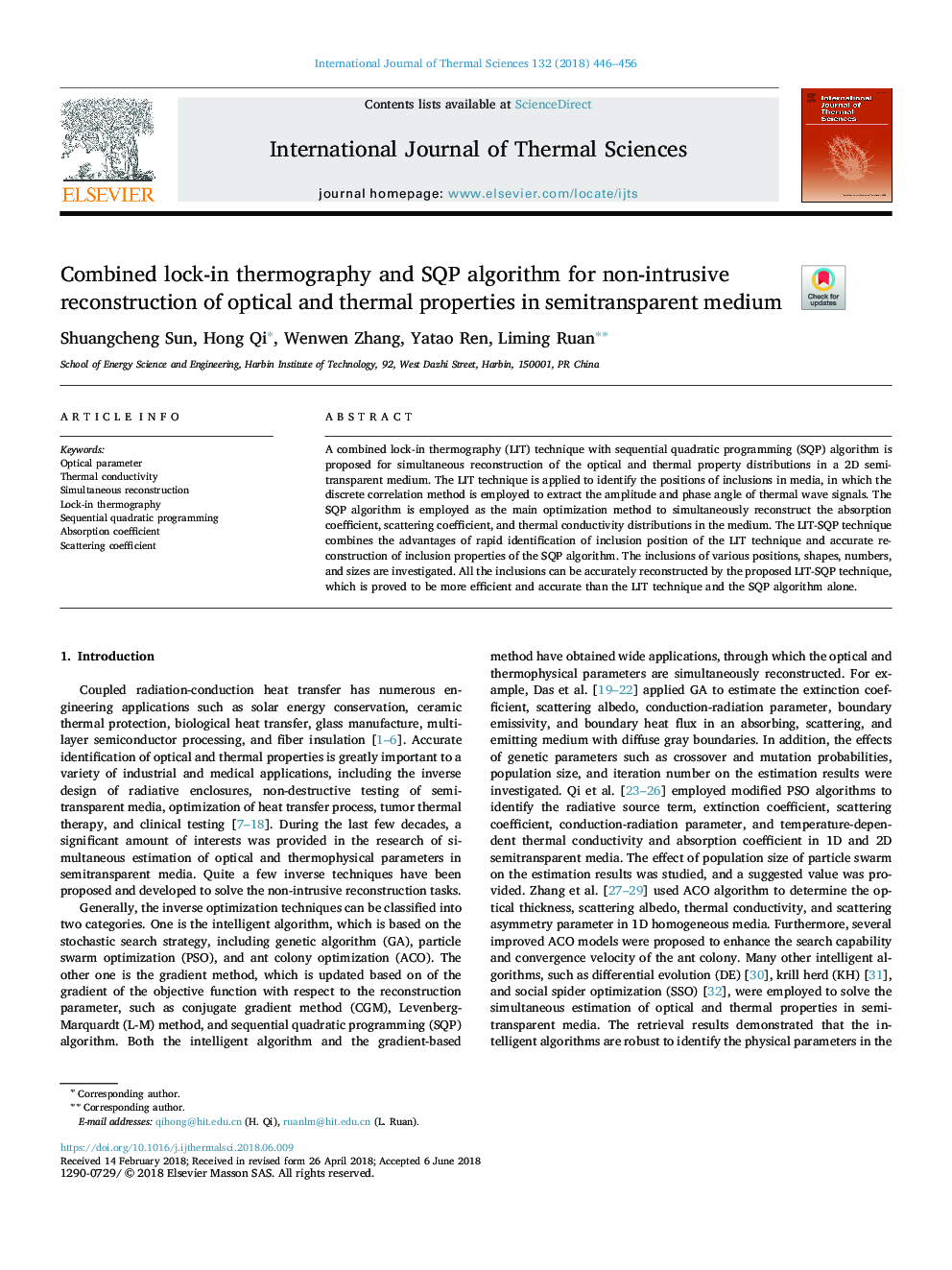 Combined lock-in thermography and SQP algorithm for non-intrusive reconstruction of optical and thermal properties in semitransparent medium