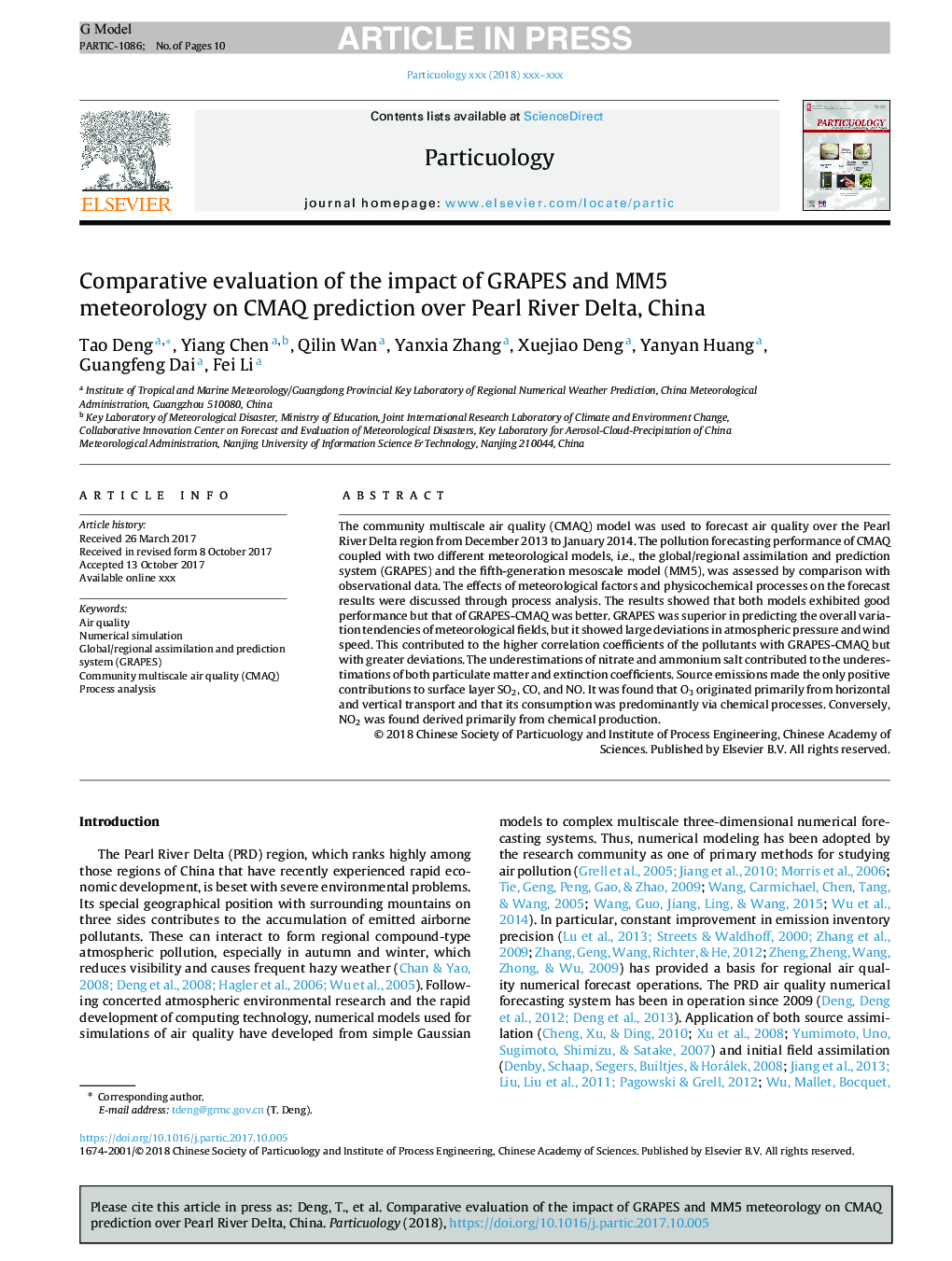Comparative evaluation of the impact of GRAPES and MM5 meteorology on CMAQ prediction over Pearl River Delta, China