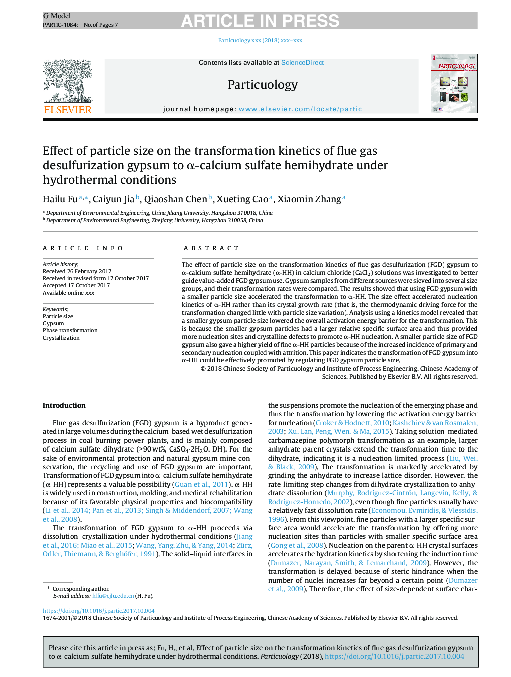 Effect of particle size on the transformation kinetics of flue gas desulfurization gypsum to Î±-calcium sulfate hemihydrate under hydrothermal conditions