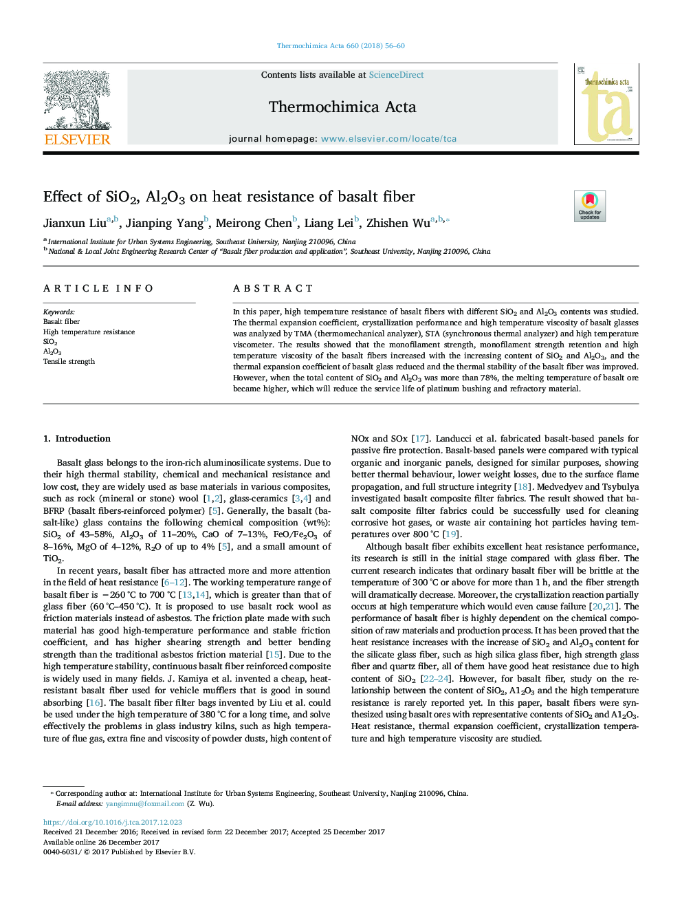 Effect of SiO2, Al2O3 on heat resistance of basalt fiber