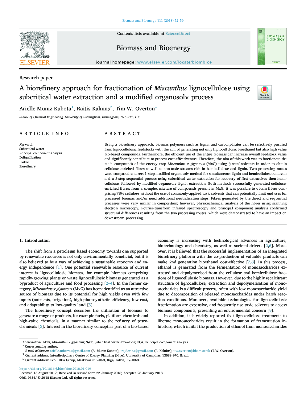 یک رویکرد بیورفینزر برای تقلیل مایکانتوس لیگنوسلولوز با استفاده از استخراج آب زیر کریستال و یک فرآیند ارگانواسولف اصلاح شده 