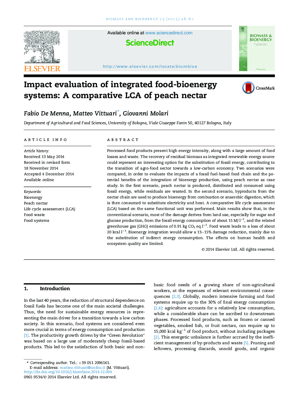 Impact evaluation of integrated food-bioenergy systems: A comparative LCA of peach nectar