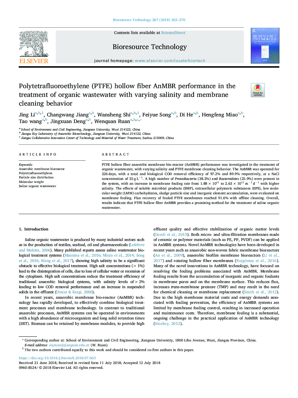 Polytetrafluoroethylene (PTFE) hollow fiber AnMBR performance in the treatment of organic wastewater with varying salinity and membrane cleaning behavior