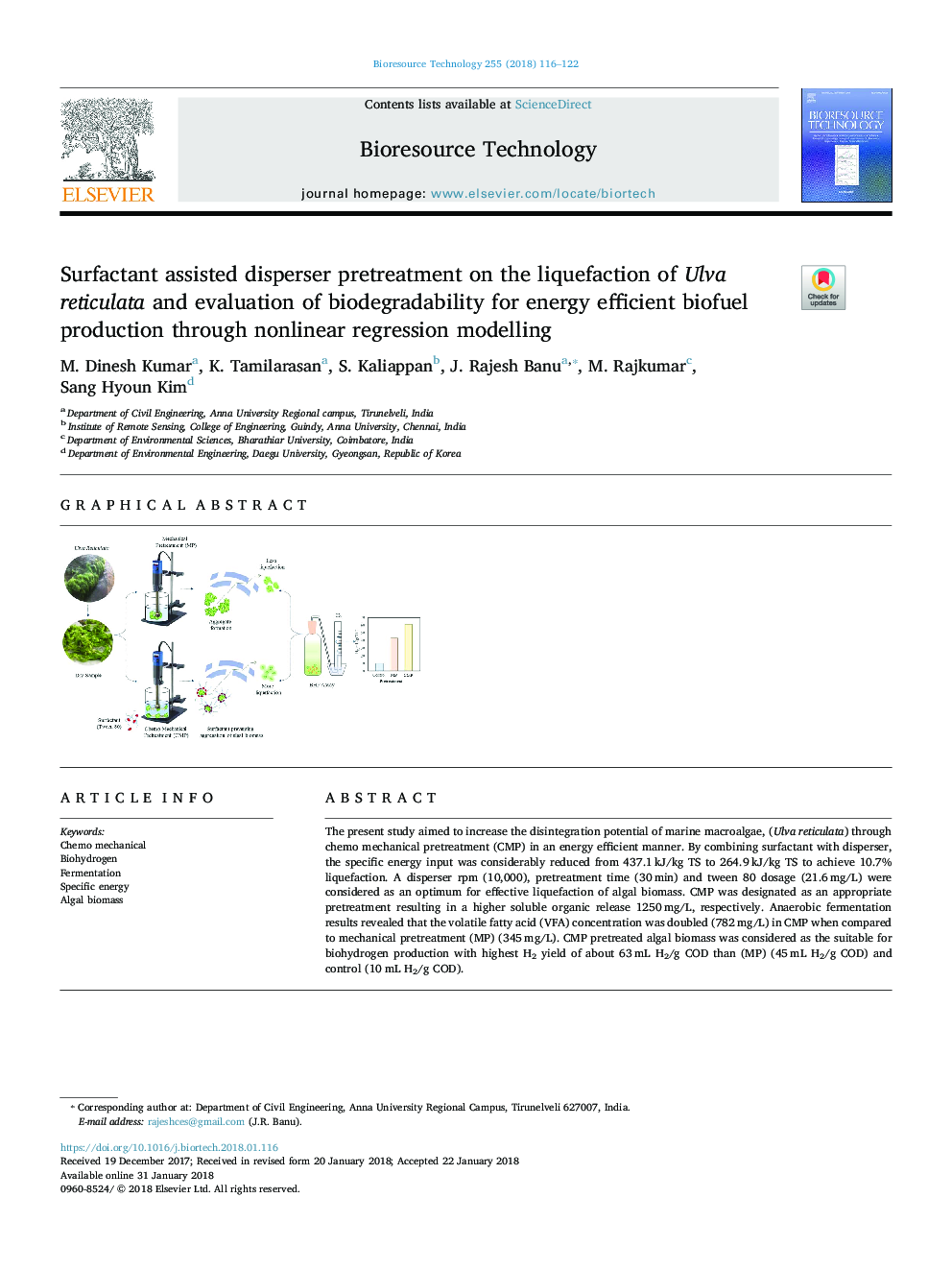Surfactant assisted disperser pretreatment on the liquefaction of Ulva reticulata and evaluation of biodegradability for energy efficient biofuel production through nonlinear regression modelling