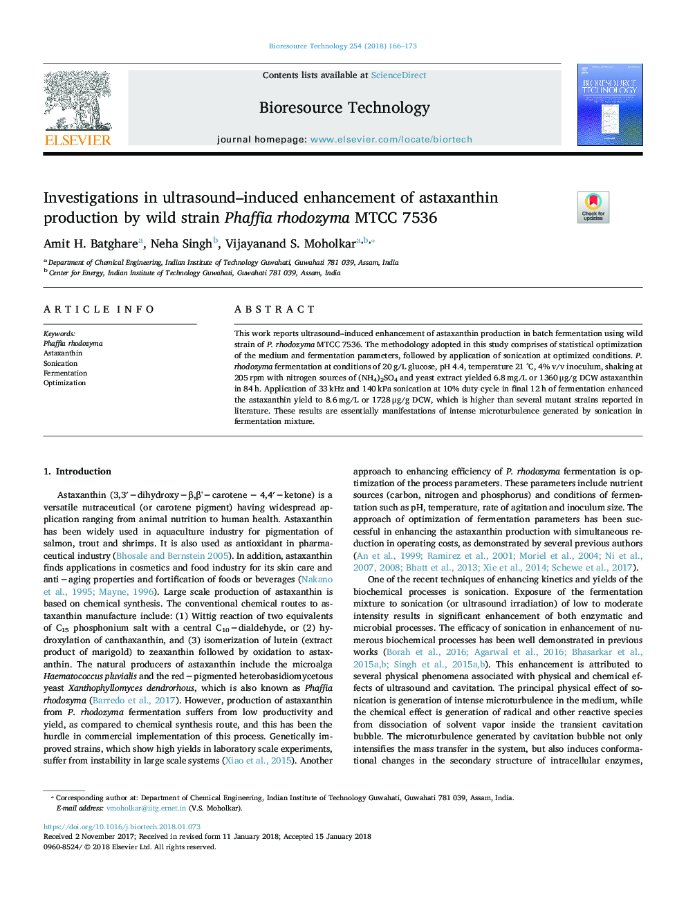 Investigations in ultrasound-induced enhancement of astaxanthin production by wild strain Phaffia rhodozyma MTCC 7536