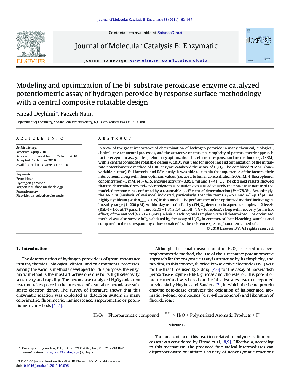 Modeling and optimization of the bi-substrate peroxidase-enzyme catalyzed potentiometric assay of hydrogen peroxide by response surface methodology with a central composite rotatable design