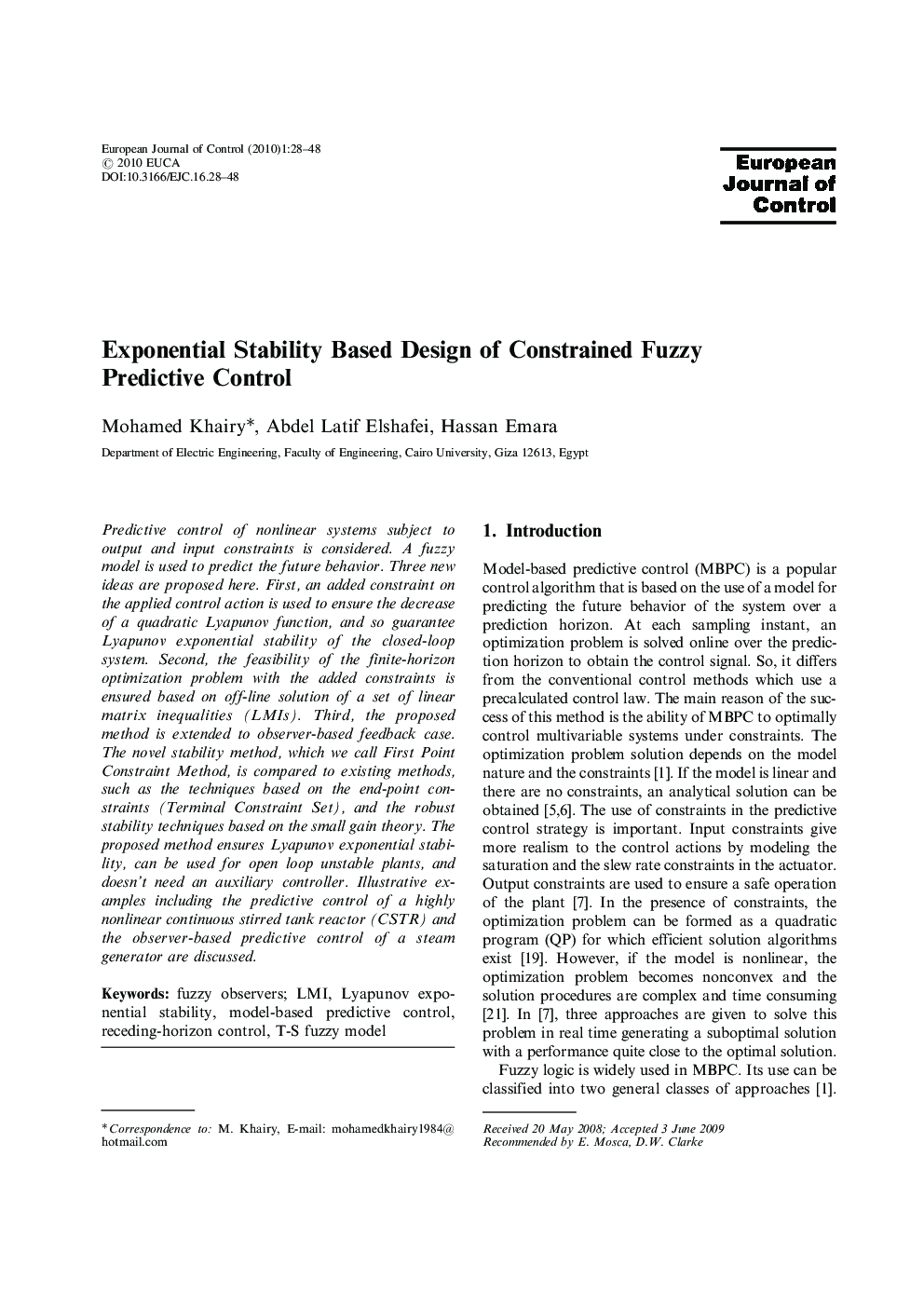 Exponential Stability Based Design of Constrained Fuzzy Predictive Control