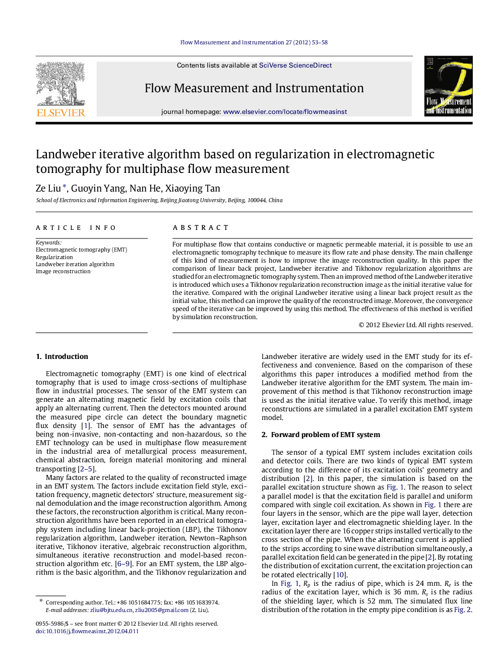 Landweber iterative algorithm based on regularization in electromagnetic tomography for multiphase flow measurement
