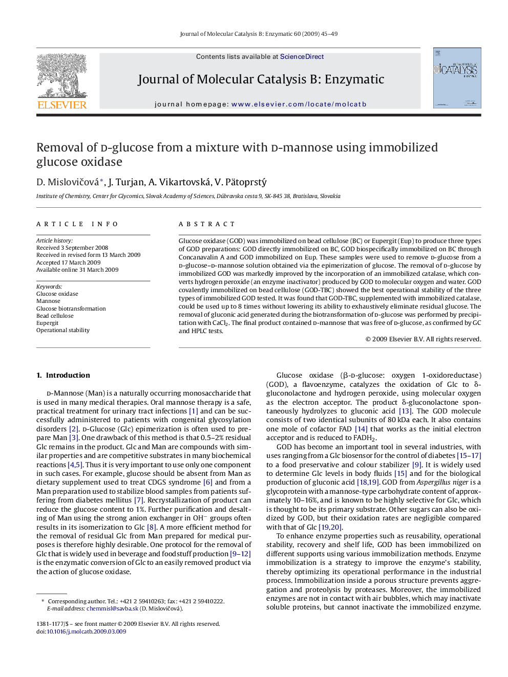 Removal of d-glucose from a mixture with d-mannose using immobilized glucose oxidase