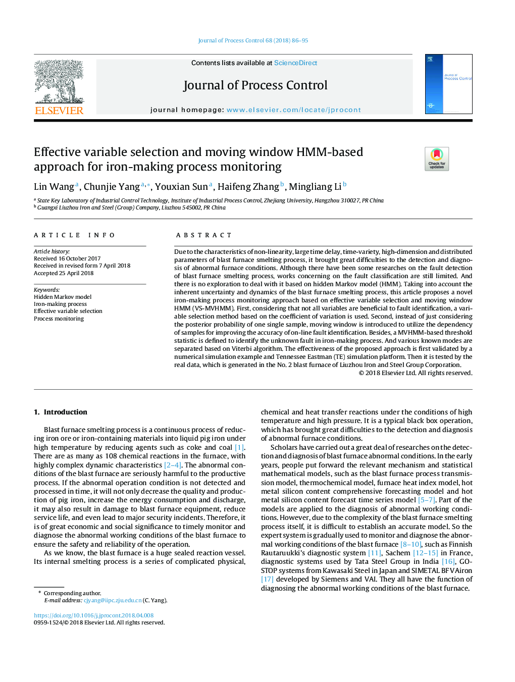 Effective variable selection and moving window HMM-based approach for iron-making process monitoring