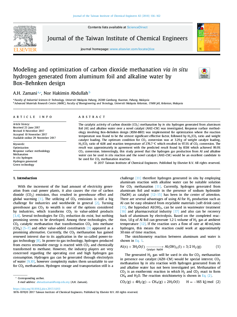 Modeling and optimization of carbon dioxide methanation via in situ hydrogen generated from aluminum foil and alkaline water by Box-Behnken design
