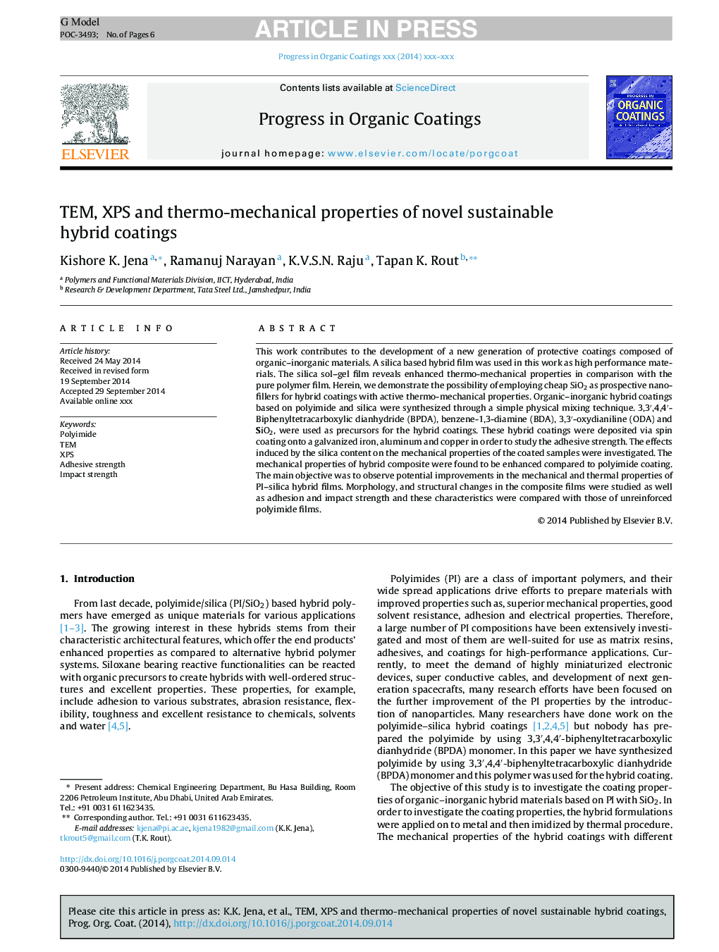 TEM, XPS and thermo-mechanical properties of novel sustainable hybrid coatings