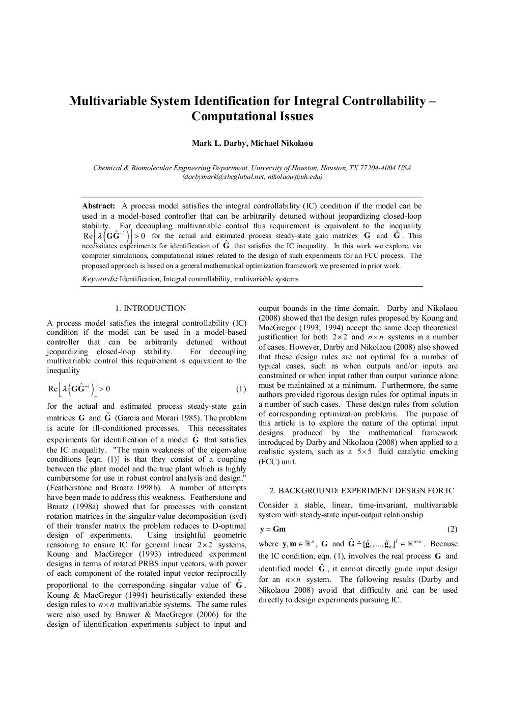 Multivariable System Identification for Integral Controllability – Computational Issues
