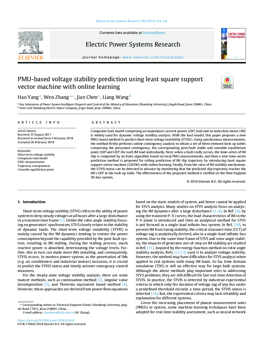 PMU-based voltage stability prediction using least square support vector machine with online learning